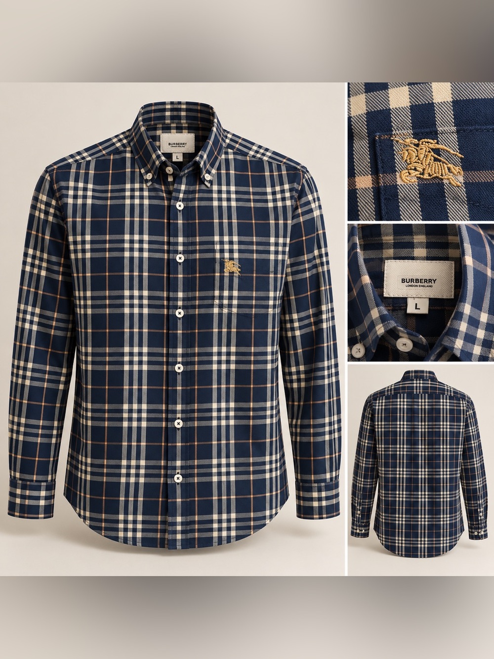 Burberry Navy and Cream Plaid Button-Down Shirt